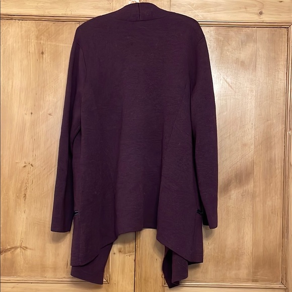 Women's Purple Open Front Wool Cardigan with black leather trim - Picture 4 of 4